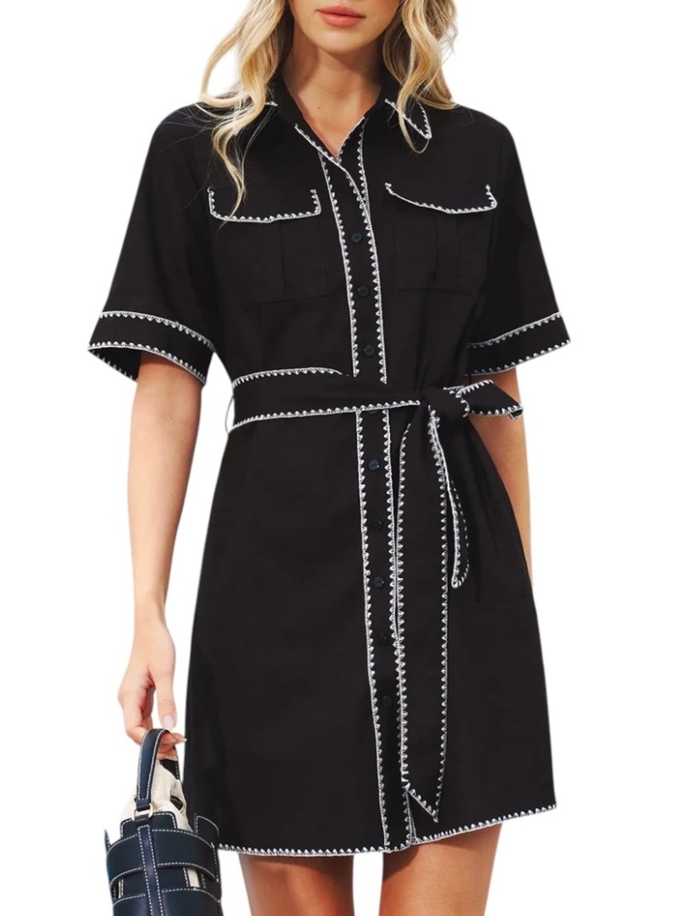 Commense Black White Contrast Trim Linen Blend Belted Mini Dress Small NWT